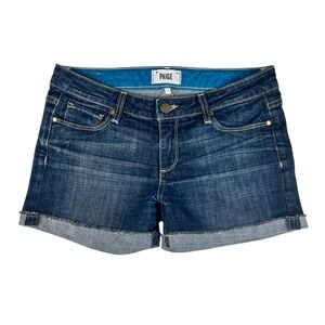Paige Jimmy Jimmy Raw Hem Cuff Dark Blue Denim Low Rise Jean Shorts Revolve
